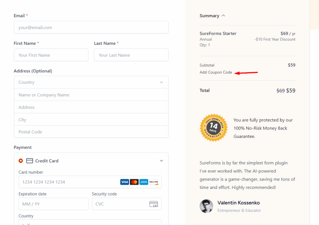Entering sureforms coupon code