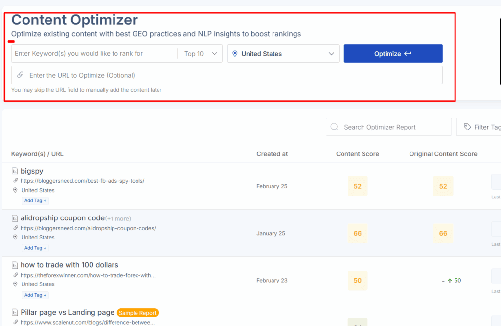 Scalenut Content Optimizer Screen Scalenut content optimizer screen