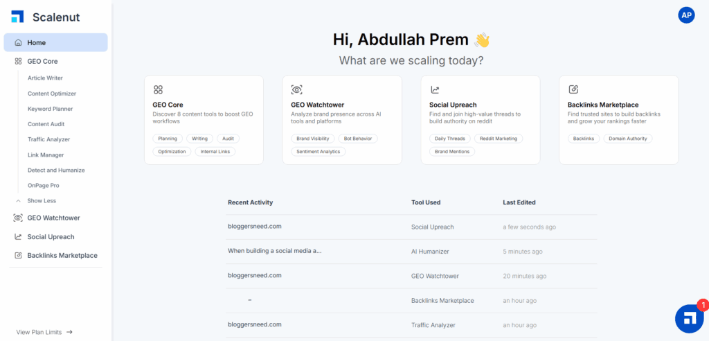 Scalenut User Interface Scalenut user interface