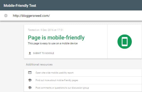 Bloggersneed google mobile friendly test