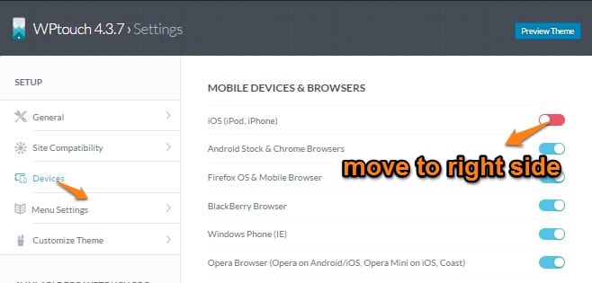 Wptouch settings