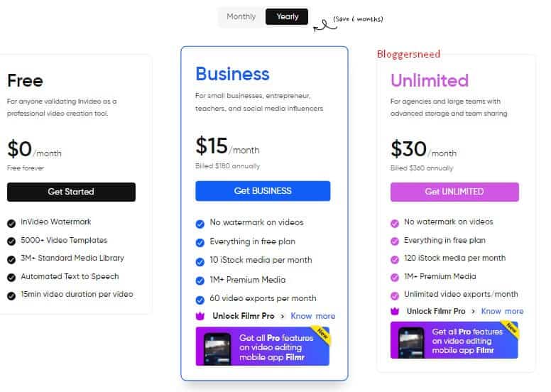 Invideo pricing and features of each plans in bullet format