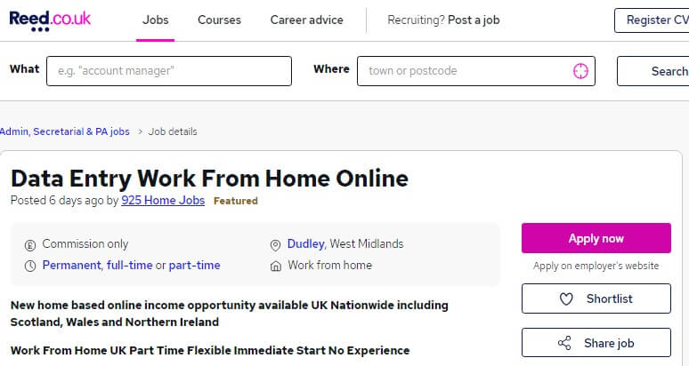 Reed co uk data job