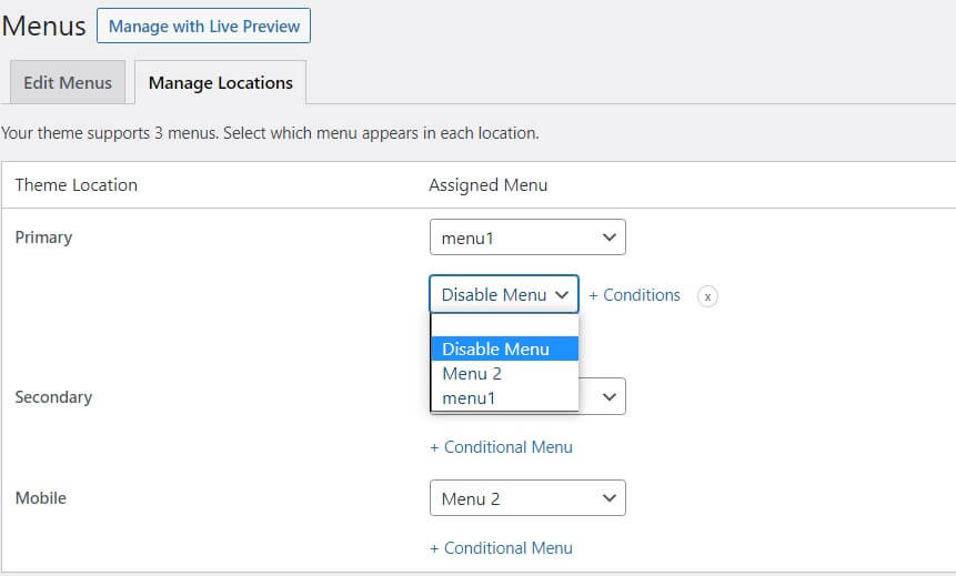 Condtional Menus Disable Condtional menus disable