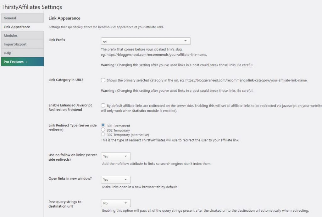 Thirsty Affiliate Setting Thirsty affiliate setting
