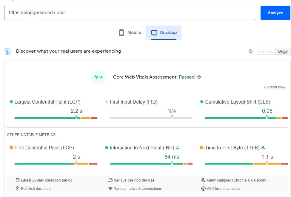 Bloggersneed core web vitals desktop test report