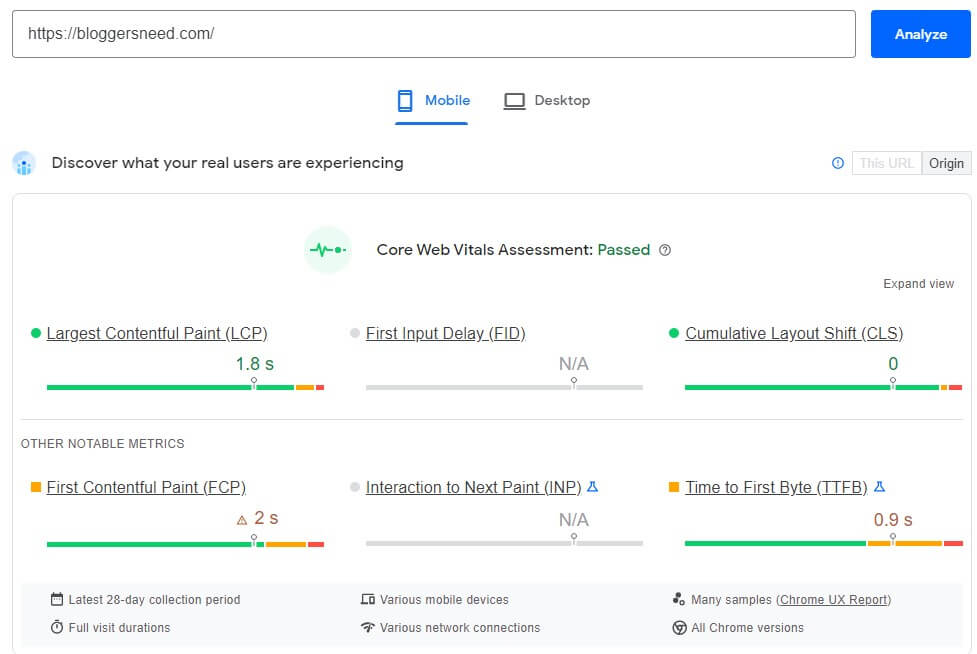 Bloggersneed core web vitals mobile test report