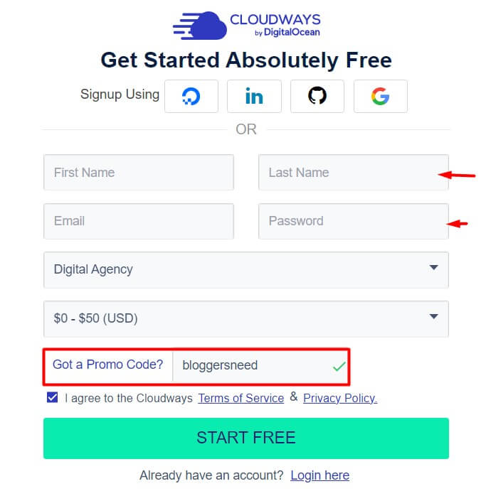 Cloudways account creation