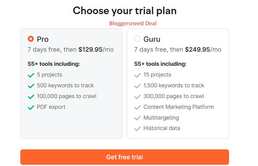 7 day trial plan semrush