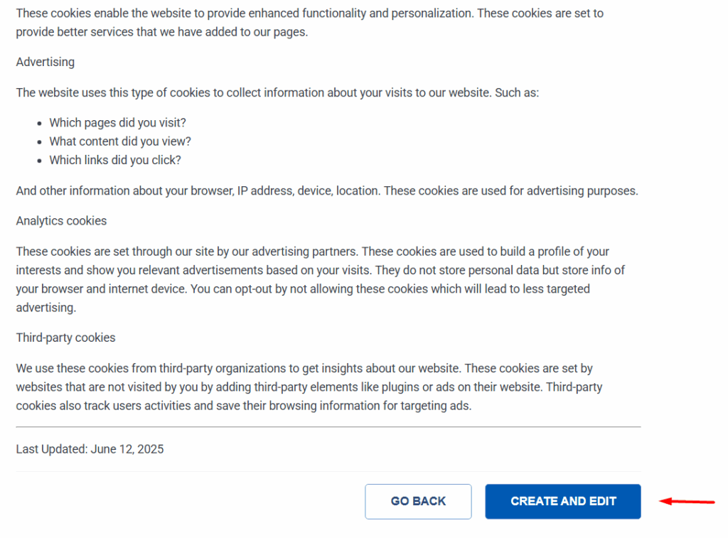 Cookie policy preview