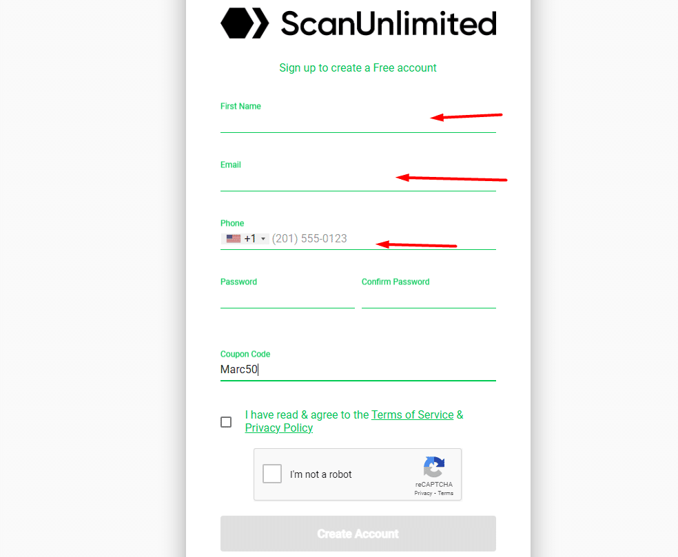 Scan unlimited  account create page
