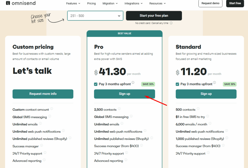 Omnisend plans and pricing page